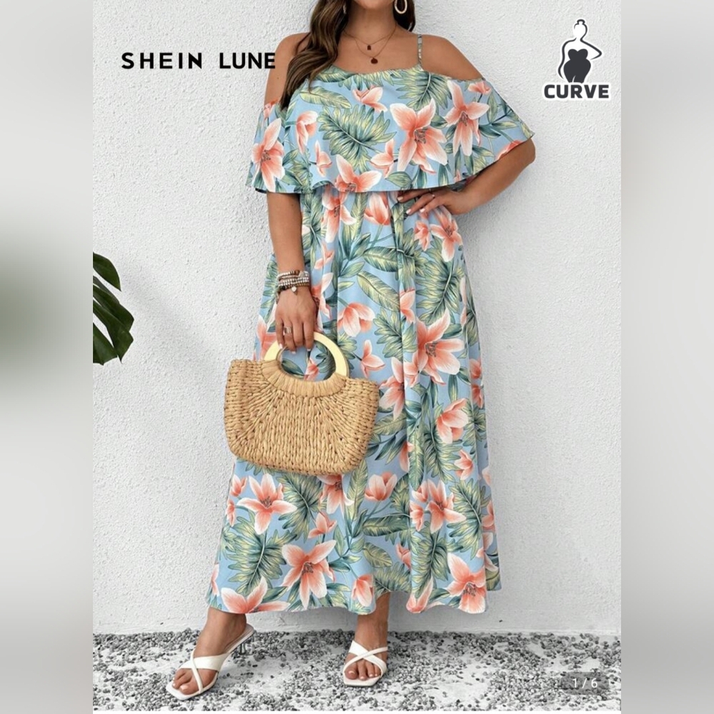 SHEIN Floral Off-Shoulder Maxi Dress - Blue and Pink